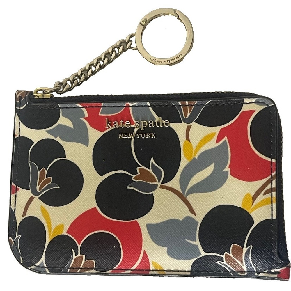 Kate Spade Navy Cameron Breezy Floral Leather Card Case Wallet Keychain WLRU5417